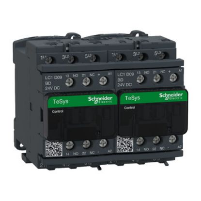 Picture of Reversing Contactor, TeSys Deca, 3P(3NO), AC-3, <=440V, 9A, 24V DC coil, with electrical interlocking, screw clamp terminals
