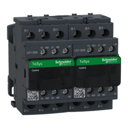 Picture of Reversing Contactor, TeSys Deca, 3P(3NO),AC-3, <=440V 25A,24V AC 50/60Hz coil, screw clamp terminals