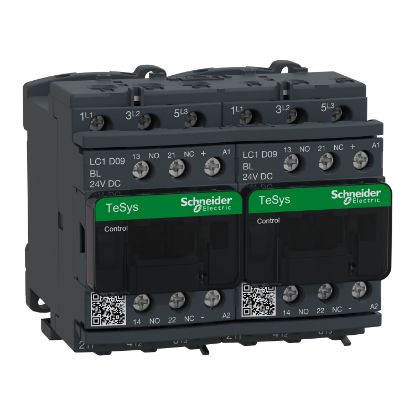 Picture of Reversing Contactor, TeSys Deca, 3P(3NO),AC-3, <=440V 9A, 24V DC low consumption coil, screw clamp terminals