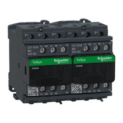 Picture of Reversing Contactor, TeSys Deca, 3P(3NO), AC-3, <=440V, 18A, 24V DC coil, with electrical interlocking, screw clamp terminals