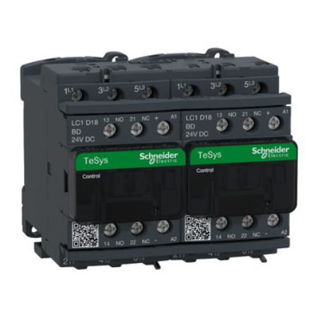 Picture of Reversing Contactor, TeSys Deca, 3P(3NO), AC-3, <=440V, 18A, 24V DC coil, with electrical interlocking, screw clamp terminals