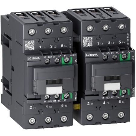 Picture of Reversing contactor, TeSys Deca, 3P(3NO), AC-3/AC-3e, <=440V, 66A, 24V DC coil, EverLink BTR screws
