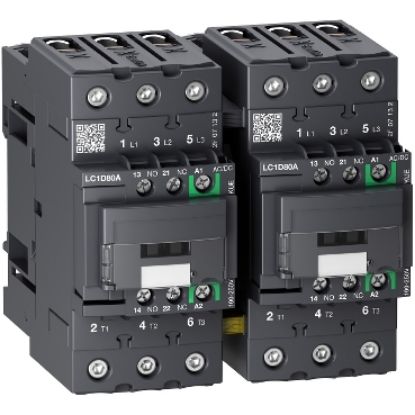 Picture of Reversing contactor, TeSys Deca, 3P(3NO), AC-3/AC-3e, <=440V, 66A, 48...130V AC/DC coil, EverLink BTR screws