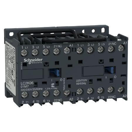 Picture of reversing Contactor, TeSys K, 3P, AC-3/AC-3e,440V 6A, 1NC, 24V AC coil, screw clamp terminals