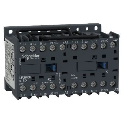 Picture of reversing Contactor, TeSys K, 3P, AC-3/AC-3e,440V 6A, 1NC, 24V DC coil, screw clamp terminals