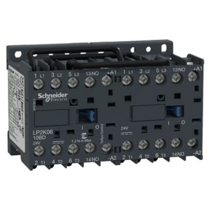Picture of reversing Contactor, TeSys K, 3P, AC-3/AC-3e,440V 9A, 1NO, 24V DC coil, screw clamp terminals