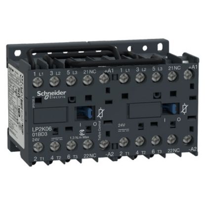 Picture of reversing Contactor, TeSys K, 3P, AC-3/AC-3e,440V 9A, 1NC, 24V DC coil,with integral suppression device