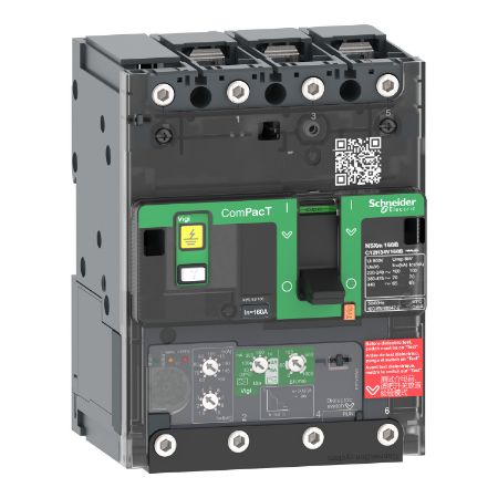 Picture of Circuit breaker, ComPacT NSXm 63B, 25kA/415VAC, 3 poles, MicroLogic 4.1 trip unit 50A, lugs/busbars