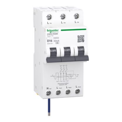 Picture of Residual current breaker with overcurrent protection (RCBO), Acti9 iC60H3, 3P+Ns, D Curve, 16A, 30mA, A type, 10000A
