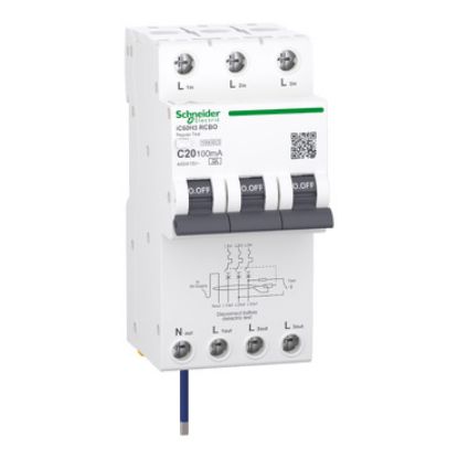 Picture of Residual current breaker with overcurrent protection (RCBO), Acti9 iC60H3, 3P+Ns, C Curve, 20A, 100mA, A type, 10000A
