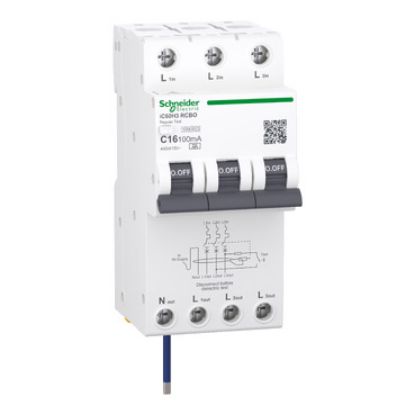 Picture of Residual current breaker with overcurrent protection (RCBO), Acti9 iC60H3, 3P+Ns, C Curve, 16A, 100mA, A type, 10000A