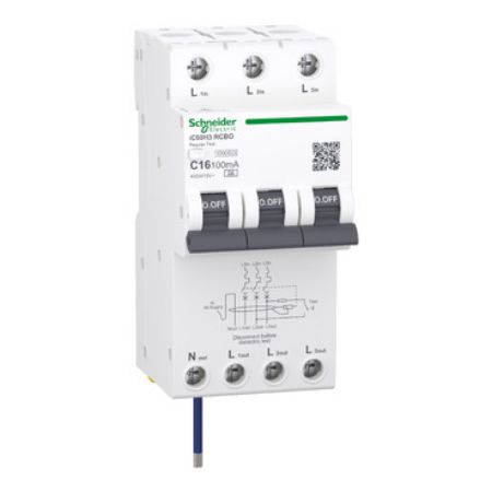 Picture of Residual current breaker with overcurrent protection (RCBO), Acti9 iC60H3, 3P+Ns, C Curve, 16A, 100mA, A type, 10000A