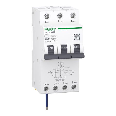 Picture of Residual current breaker with overcurrent protection (RCBO), Acti9 iC60H3, 3P+Ns, C Curve, 20A, 10mA, A type, 10000A