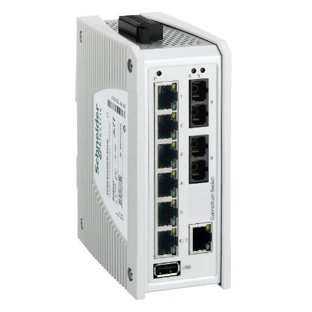 Picture of switch, Modicon Networking, premium unmanaged switch, 7 ports for copper, 2 ports for fiber optic multimode