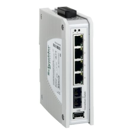 Picture of switch, Modicon Networking, premium unmanaged switch, 4 ports for copper, 1 port for fiber optic multimode