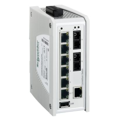 Picture of switch, Modicon Networking, premium unmanaged switch, 7 ports for copper, 2 ports for fiber optic single-mode
