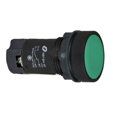 Picture of green flush pushbutton Ø22 - spring return - 2NO- screw clamp terminals-unmarked