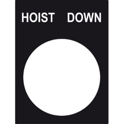 Picture of Marked legend, Harmony XAC, nameplate, 30 x 40mm, plastic, black, 22mm push button, white marked HOIST DOWN