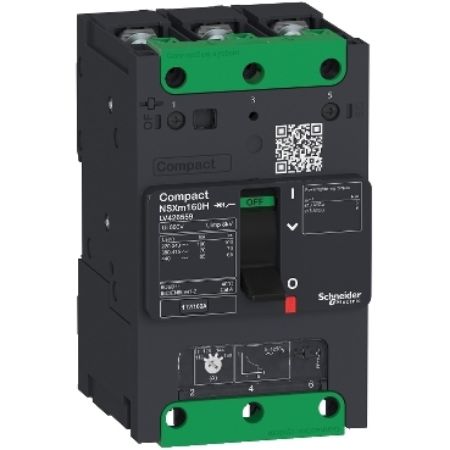 Picture of circuit breaker ComPact NSXm B (25 kA at 415 VAC), 3P 3d, 100 A rating TMD trip unit, compression lugs and busbar connectors