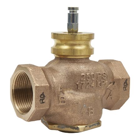 Picture of VG310R Globe Valve, 3-Way, DN32, Rp 1-1/4 Internal Thread, Brass Trim, PTFE Seat Seal, Kvs 17 mÂ³/h, Stem Up Closed A-AB.