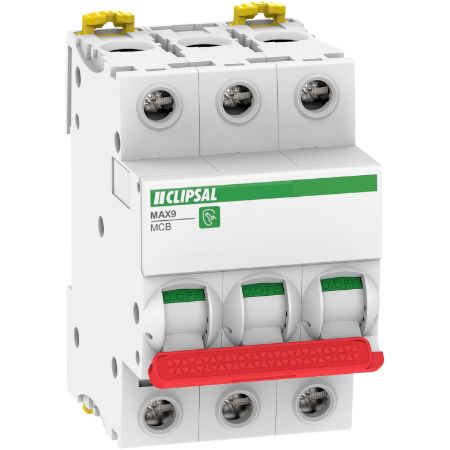 Picture of Clipsal MAX9, Miniature Circuit-Breaker (MCB), 3P, 63A, C Curve, 6000A, 415V, Incomer, RED Toggle
